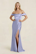 Off - the - Shoulder Sheath Satin Bridesmaid Dress with Slit in Lavender - KISS BRIDAL Bridesmaid Dresses