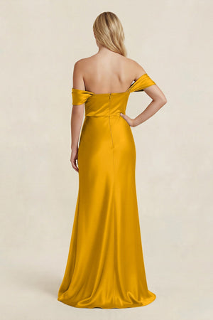 Off - the - Shoulder Sheath Satin Bridesmaid Dress with Slit in Marigold - KISS BRIDAL Bridesmaid Dresses