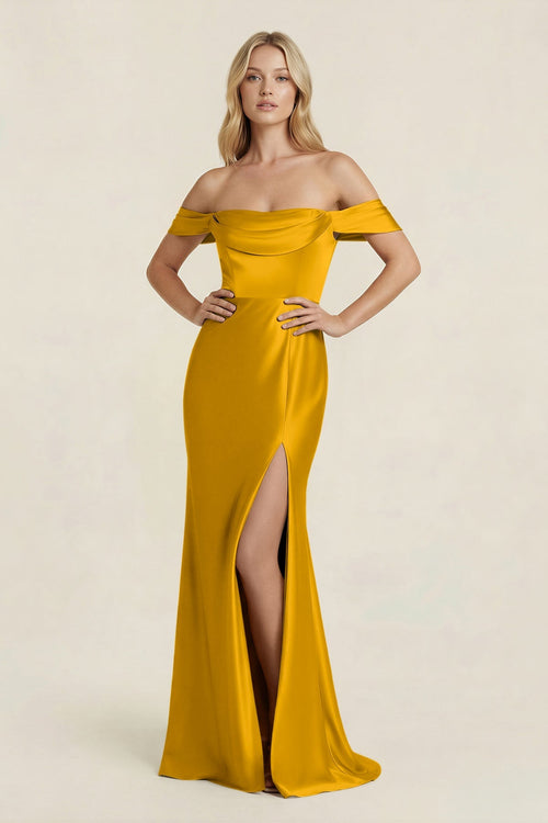 Off - the - Shoulder Sheath Satin Bridesmaid Dress with Slit in Marigold - KISS BRIDAL Bridesmaid Dresses
