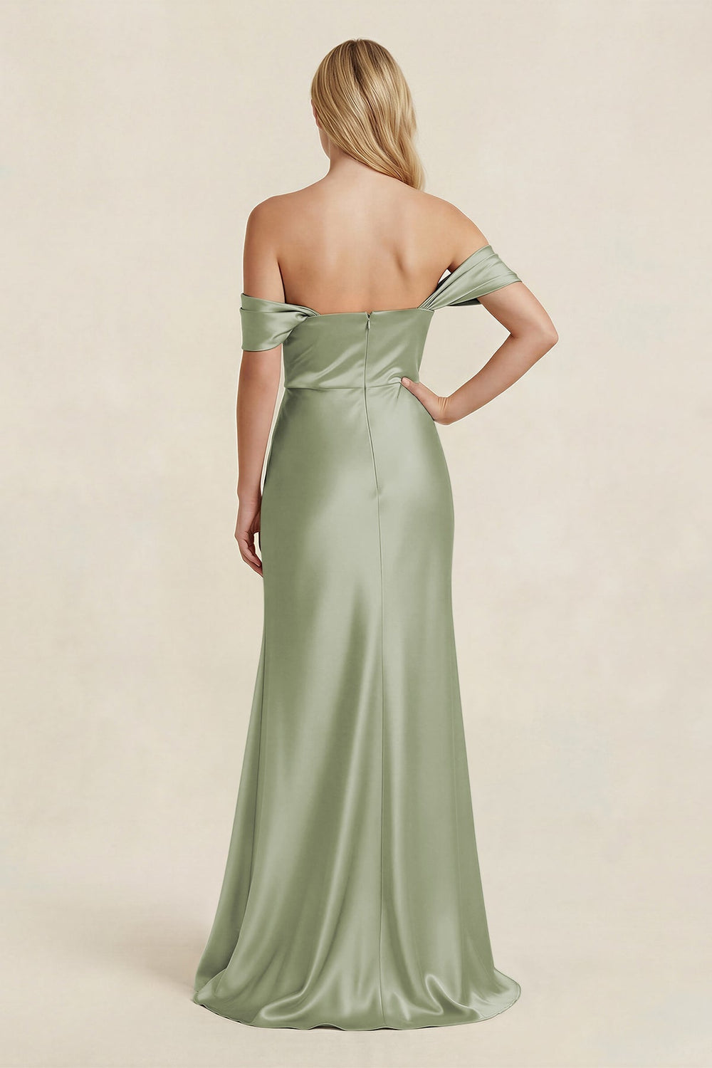 Off - the - Shoulder Sheath Satin Bridesmaid Dress with Slit in Matcha - KISS BRIDAL Bridesmaid Dresses