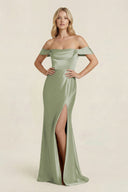 Off - the - Shoulder Sheath Satin Bridesmaid Dress with Slit in Matcha - KISS BRIDAL Bridesmaid Dresses