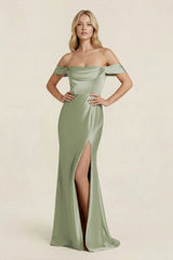 Off - the - Shoulder Sheath Satin Bridesmaid Dress with Slit in Matcha - KISS BRIDAL Bridesmaid Dresses