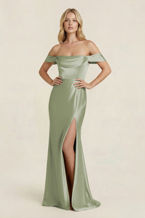Off - the - Shoulder Sheath Satin Bridesmaid Dress with Slit in Matcha - KISS BRIDAL Bridesmaid Dresses