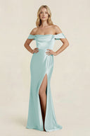 Off - the - Shoulder Sheath Satin Bridesmaid Dress with Slit in Mist - KISS BRIDAL Bridesmaid Dresses