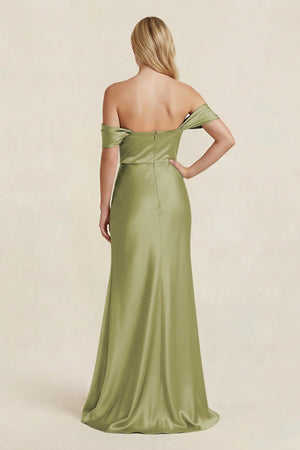 Off - the - Shoulder Sheath Satin Bridesmaid Dress with Slit in Moss Green - KISS BRIDAL Bridesmaid Dresses