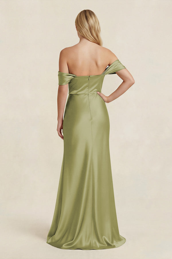 Off - the - Shoulder Sheath Satin Bridesmaid Dress with Slit in Moss Green - KISS BRIDAL Bridesmaid Dresses