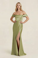 Off - the - Shoulder Sheath Satin Bridesmaid Dress with Slit in Moss Green - KISS BRIDAL Bridesmaid Dresses