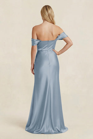 Off - the - Shoulder Sheath Satin Bridesmaid Dress with Slit in Neptune - KISS BRIDAL Bridesmaid Dresses