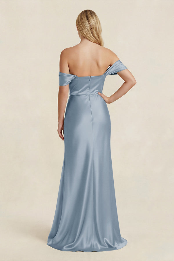 Off - the - Shoulder Sheath Satin Bridesmaid Dress with Slit in Neptune - KISS BRIDAL Bridesmaid Dresses