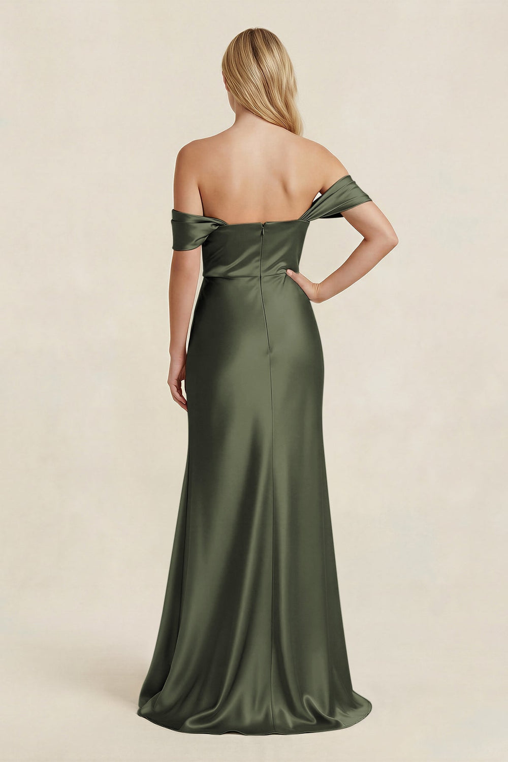 Off - the - Shoulder Sheath Satin Bridesmaid Dress with Slit in Olive - KISS BRIDAL Bridesmaid Dresses