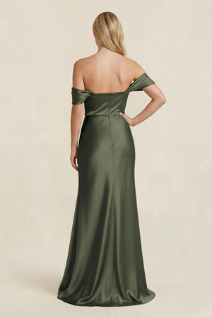 Off - the - Shoulder Sheath Satin Bridesmaid Dress with Slit in Olive - KISS BRIDAL Bridesmaid Dresses