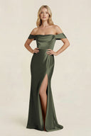 Off - the - Shoulder Sheath Satin Bridesmaid Dress with Slit in Olive - KISS BRIDAL Bridesmaid Dresses