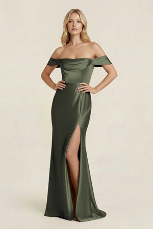Off - the - Shoulder Sheath Satin Bridesmaid Dress with Slit in Olive - KISS BRIDAL Bridesmaid Dresses