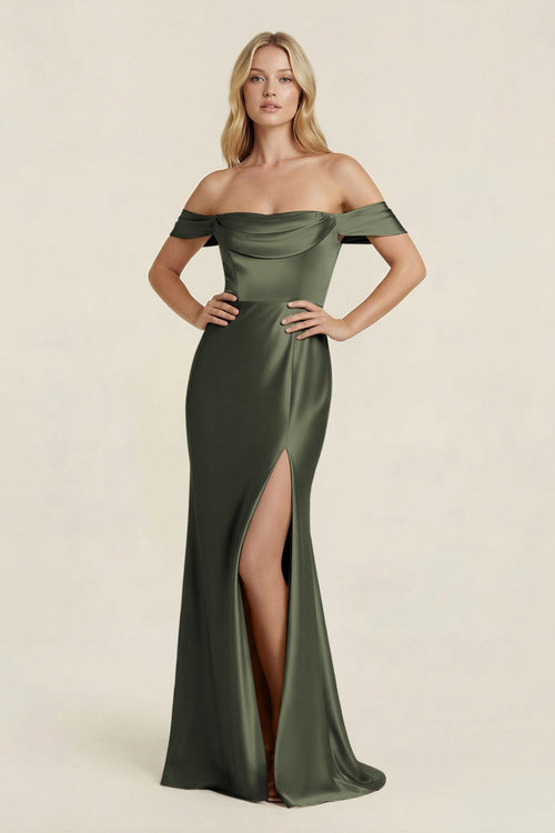Off - the - Shoulder Sheath Satin Bridesmaid Dress with Slit in Olive - KISS BRIDAL Bridesmaid Dresses