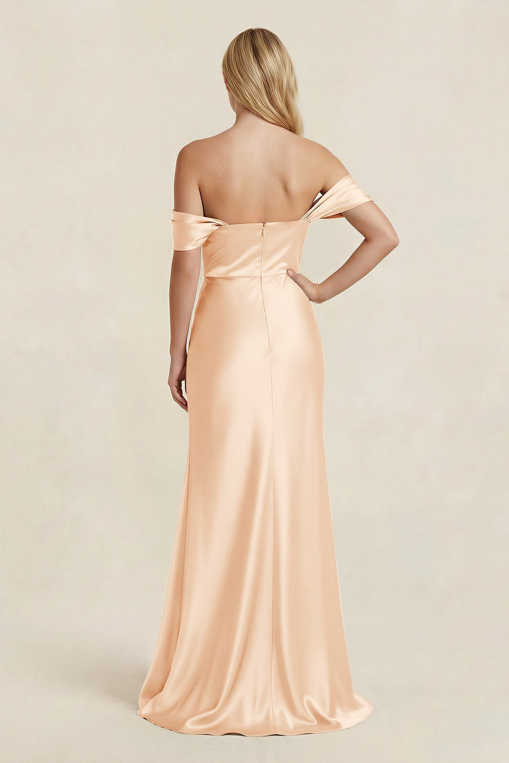 Off - the - Shoulder Sheath Satin Bridesmaid Dress with Slit in Pale Blush - KISS BRIDAL Bridesmaid Dresses