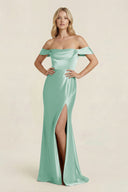Off - the - Shoulder Sheath Satin Bridesmaid Dress with Slit in Pale Pistachio - KISS BRIDAL Bridesmaid Dresses