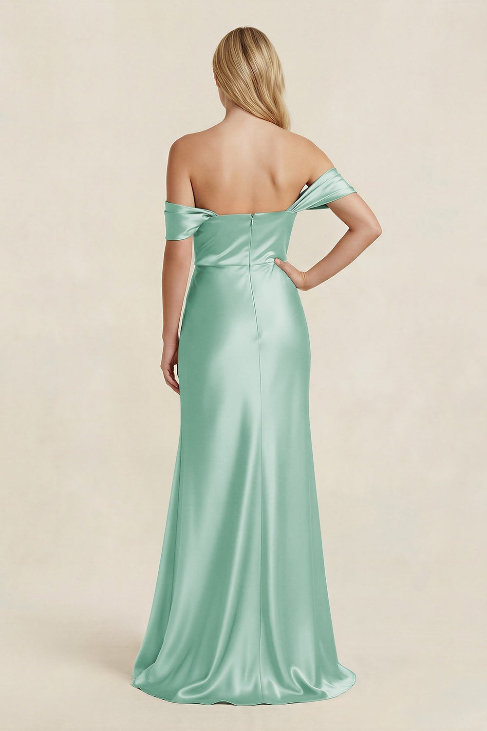 Off - the - Shoulder Sheath Satin Bridesmaid Dress with Slit in Pale Pistachio - KISS BRIDAL Bridesmaid Dresses