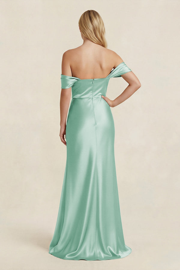 Off - the - Shoulder Sheath Satin Bridesmaid Dress with Slit in Pale Pistachio - KISS BRIDAL Bridesmaid Dresses