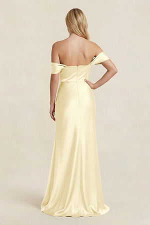 Off - the - Shoulder Sheath Satin Bridesmaid Dress with Slit in Pastel Yellow - KISS BRIDAL Bridesmaid Dresses