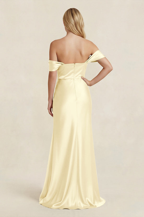 Off - the - Shoulder Sheath Satin Bridesmaid Dress with Slit in Pastel Yellow - KISS BRIDAL Bridesmaid Dresses