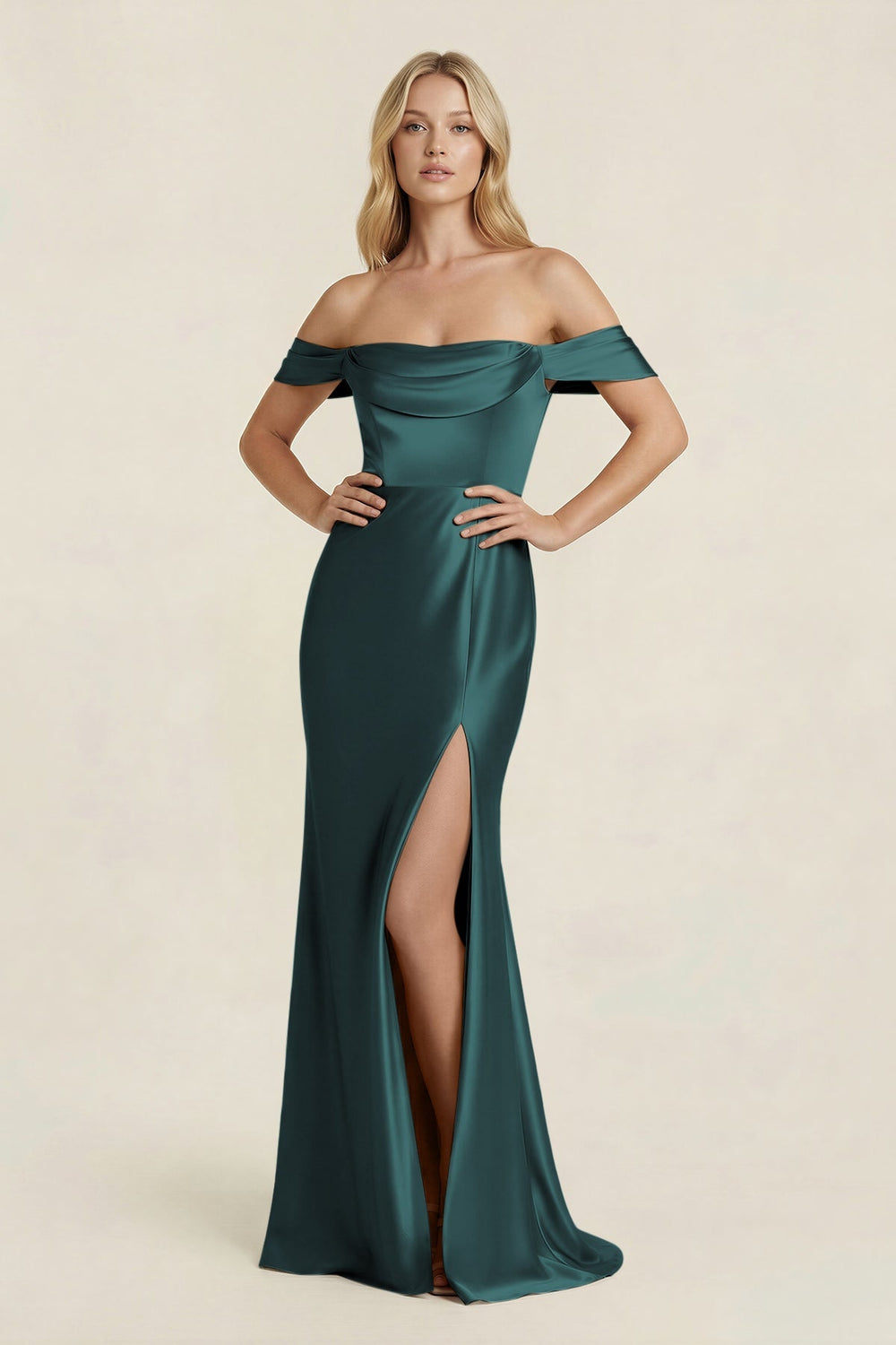 Off - the - Shoulder Sheath Satin Bridesmaid Dress with Slit in Pine - KISS BRIDAL Bridesmaid Dresses