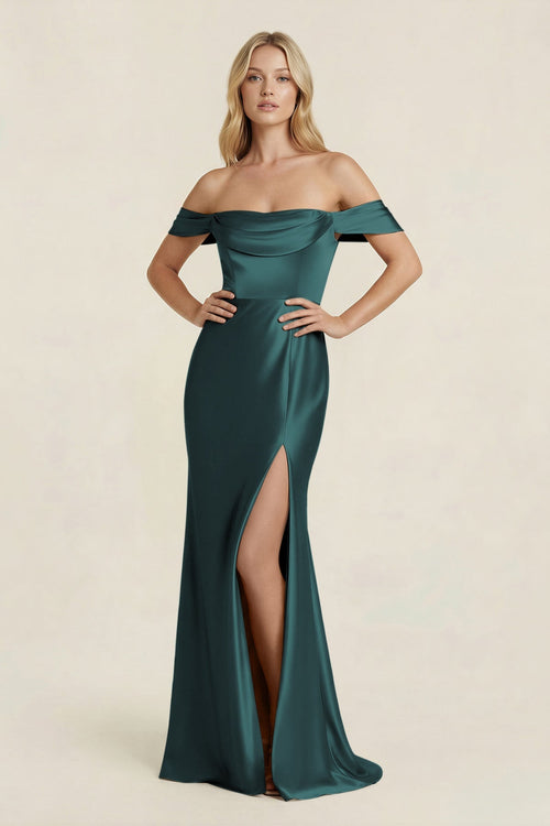 Off - the - Shoulder Sheath Satin Bridesmaid Dress with Slit in Pine - KISS BRIDAL Bridesmaid Dresses