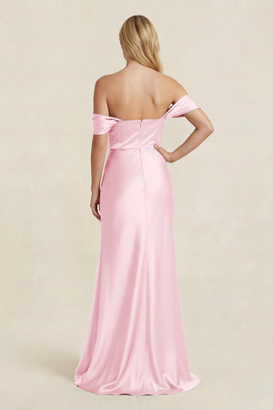 Off - the - Shoulder Sheath Satin Bridesmaid Dress with Slit in Pink - KISS BRIDAL Bridesmaid Dresses