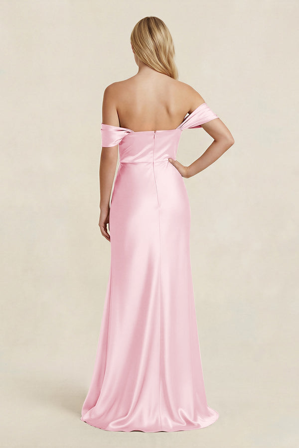 Off - the - Shoulder Sheath Satin Bridesmaid Dress with Slit in Pink - KISS BRIDAL Bridesmaid Dresses