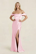 Off - the - Shoulder Sheath Satin Bridesmaid Dress with Slit in Pink - KISS BRIDAL Bridesmaid Dresses