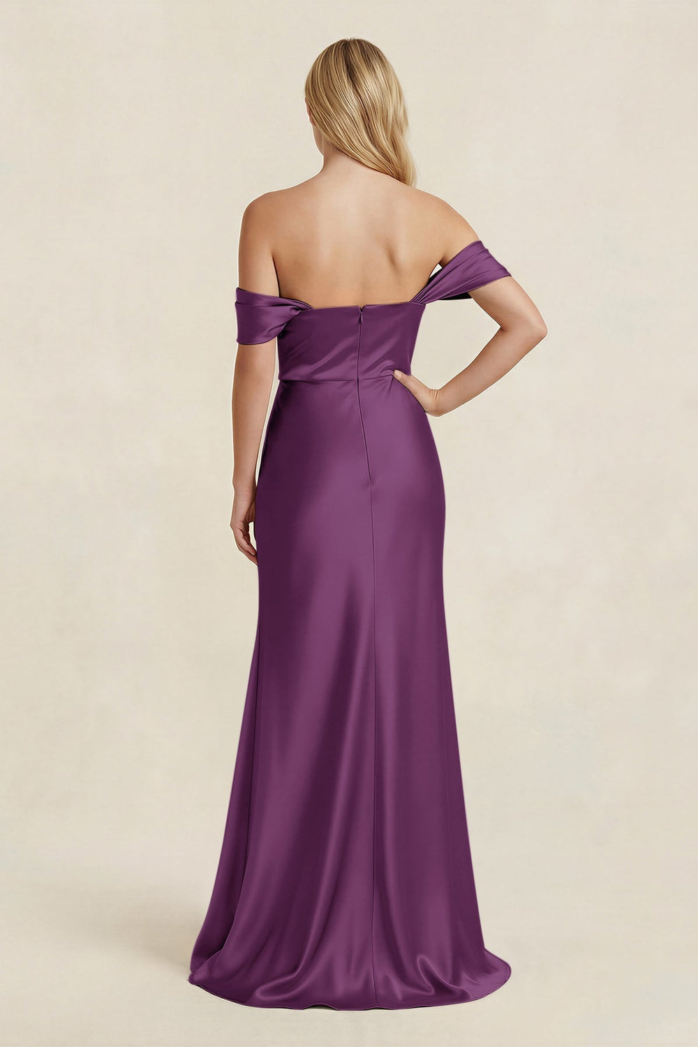 Off - the - Shoulder Sheath Satin Bridesmaid Dress with Slit in Plum - KISS BRIDAL Bridesmaid Dresses