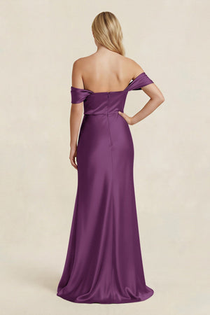 Off - the - Shoulder Sheath Satin Bridesmaid Dress with Slit in Plum - KISS BRIDAL Bridesmaid Dresses