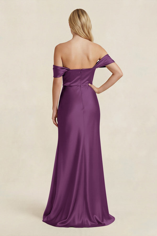 Off - the - Shoulder Sheath Satin Bridesmaid Dress with Slit in Plum - KISS BRIDAL Bridesmaid Dresses