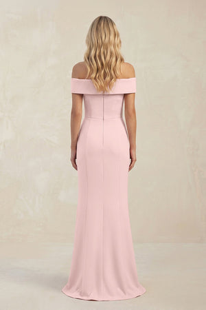 Off - the - Shoulder Sheath Satin Bridesmaid Dress With Slit in Rose Petal - KISS BRIDAL Bridesmaid Dresses