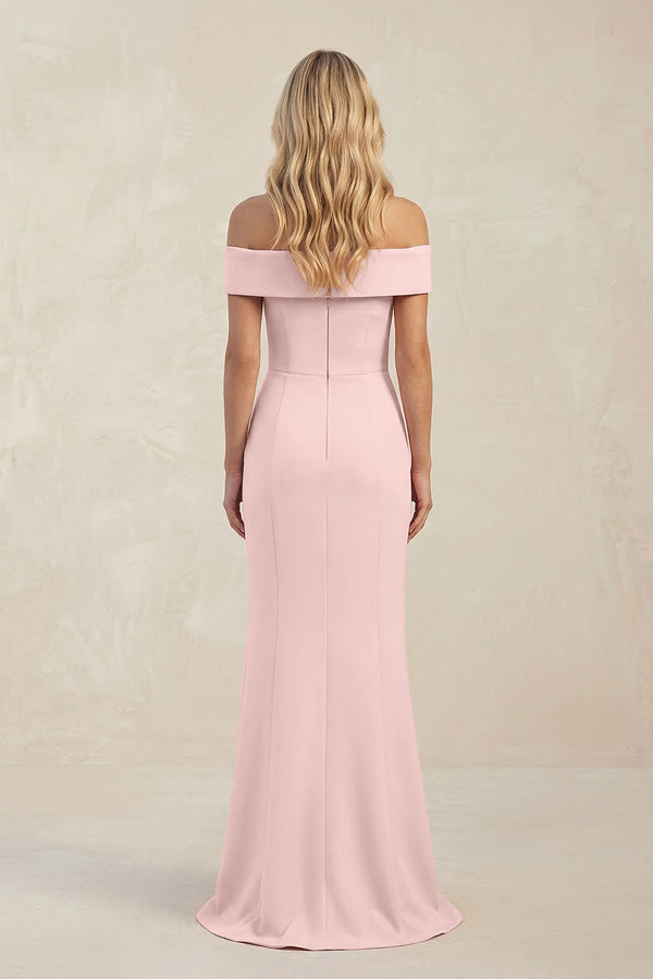 Off - the - Shoulder Sheath Satin Bridesmaid Dress With Slit in Rose Petal - KISS BRIDAL Bridesmaid Dresses