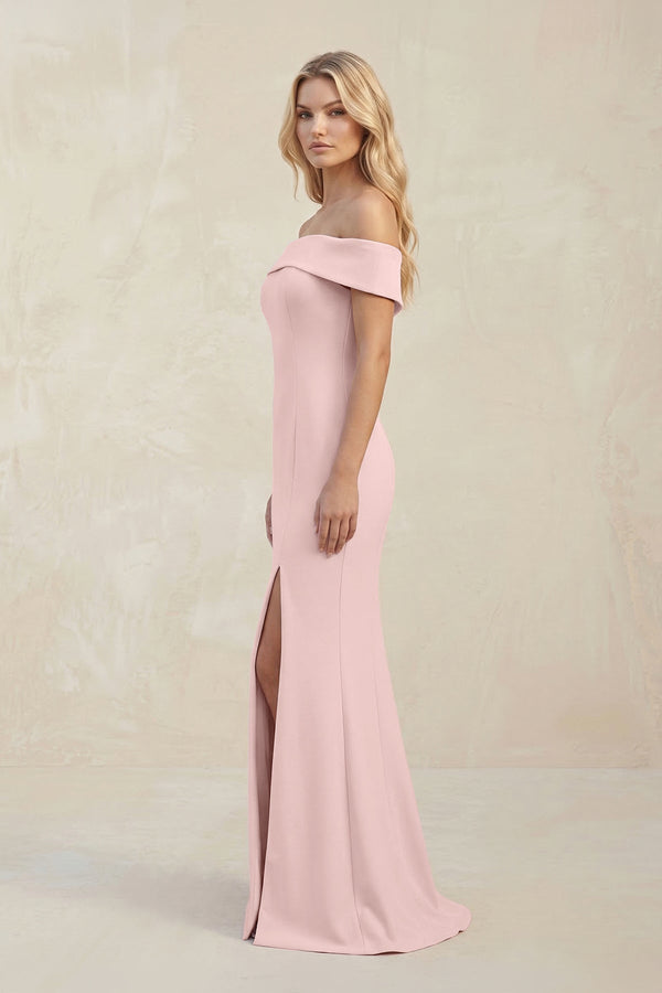 Off - the - Shoulder Sheath Satin Bridesmaid Dress With Slit in Rose Petal - KISS BRIDAL Bridesmaid Dresses