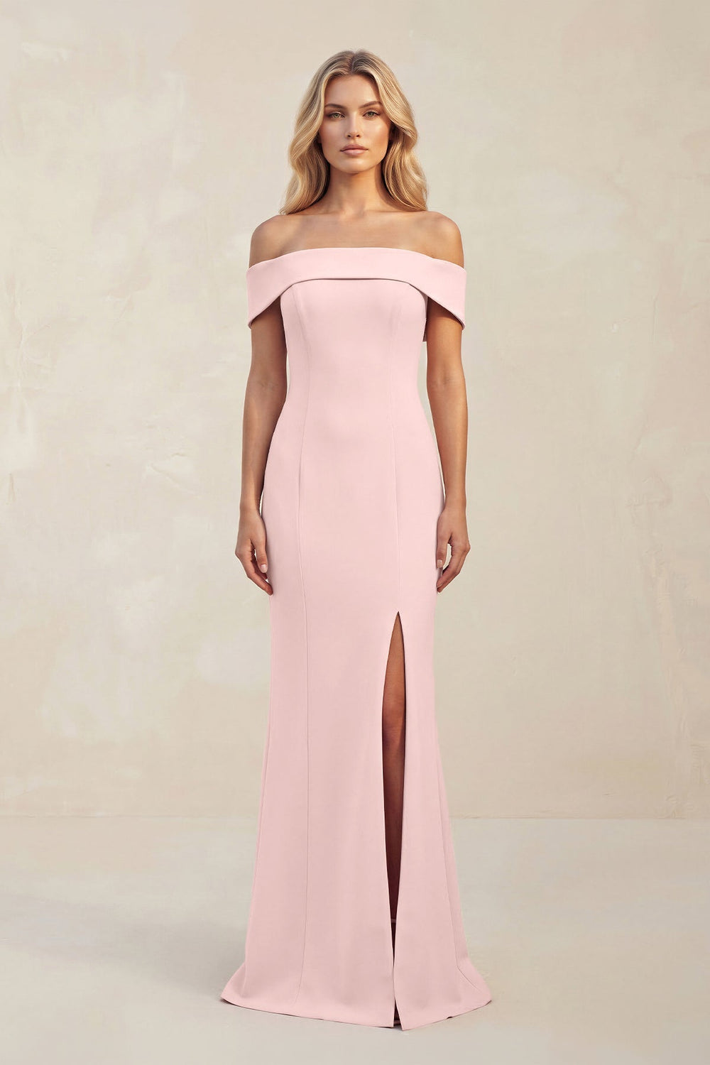 Off - the - Shoulder Sheath Satin Bridesmaid Dress With Slit in Rose Petal - KISS BRIDAL Bridesmaid Dresses