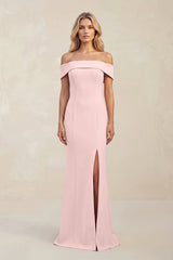 Off - the - Shoulder Sheath Satin Bridesmaid Dress With Slit in Rose Petal - KISS BRIDAL Bridesmaid Dresses