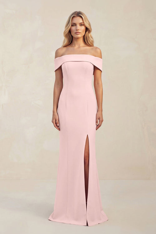 Off - the - Shoulder Sheath Satin Bridesmaid Dress With Slit in Rose Petal - KISS BRIDAL Bridesmaid Dresses
