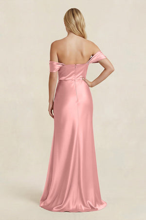 Off - the - Shoulder Sheath Satin Bridesmaid Dress with Slit in Rosette - KISS BRIDAL Bridesmaid Dresses