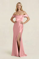 Off - the - Shoulder Sheath Satin Bridesmaid Dress with Slit in Rosette - KISS BRIDAL Bridesmaid Dresses