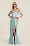 Off - the - Shoulder Sheath Satin Bridesmaid Dress with Slit in Sage - KISS BRIDAL Bridesmaid Dresses