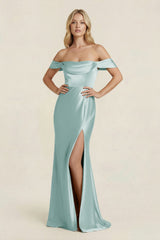 Off - the - Shoulder Sheath Satin Bridesmaid Dress with Slit in Sage - KISS BRIDAL Bridesmaid Dresses