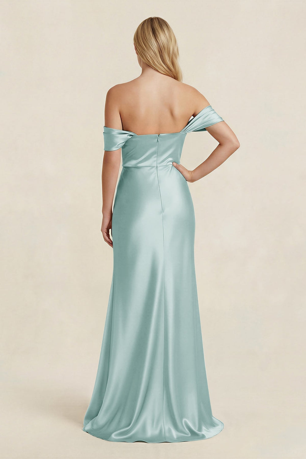 Off - the - Shoulder Sheath Satin Bridesmaid Dress with Slit in Sage - KISS BRIDAL Bridesmaid Dresses