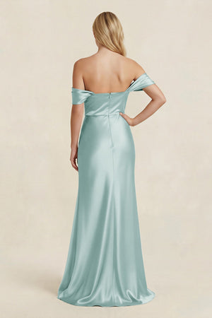 Off - the - Shoulder Sheath Satin Bridesmaid Dress with Slit in Sage - KISS BRIDAL Bridesmaid Dresses