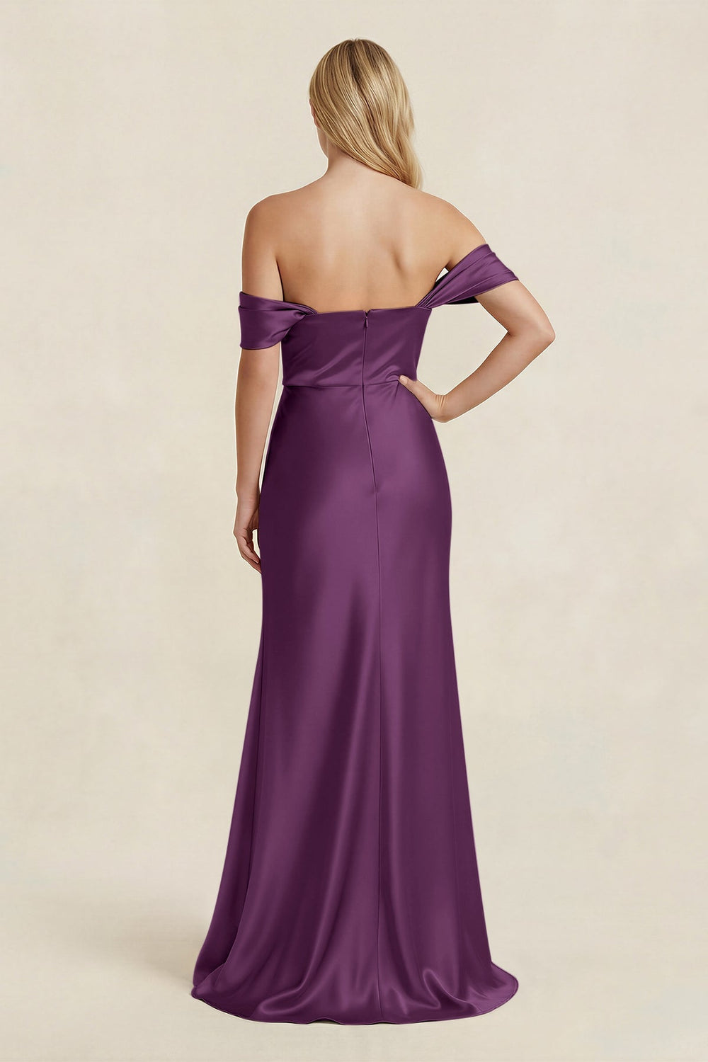 Off - the - Shoulder Sheath Satin Bridesmaid Dress with Slit in Sangria - KISS BRIDAL Bridesmaid Dresses