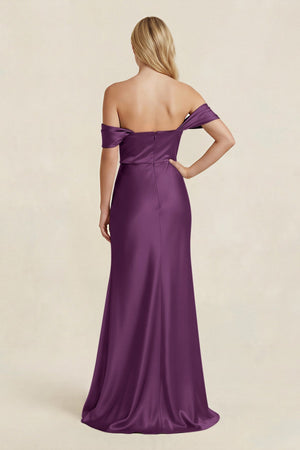 Off - the - Shoulder Sheath Satin Bridesmaid Dress with Slit in Sangria - KISS BRIDAL Bridesmaid Dresses