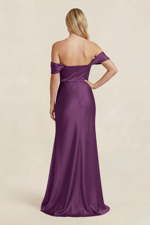 Off - the - Shoulder Sheath Satin Bridesmaid Dress with Slit in Sangria - KISS BRIDAL Bridesmaid Dresses