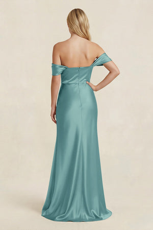 Off - the - Shoulder Sheath Satin Bridesmaid Dress with Slit in Sea Glass - KISS BRIDAL Bridesmaid Dresses