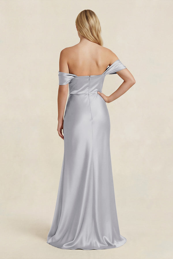 Off - the - Shoulder Sheath Satin Bridesmaid Dress with Slit in Silver - KISS BRIDAL Bridesmaid Dresses