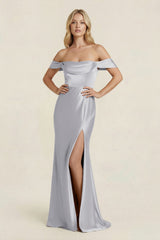 Off - the - Shoulder Sheath Satin Bridesmaid Dress with Slit in Silver - KISS BRIDAL Bridesmaid Dresses